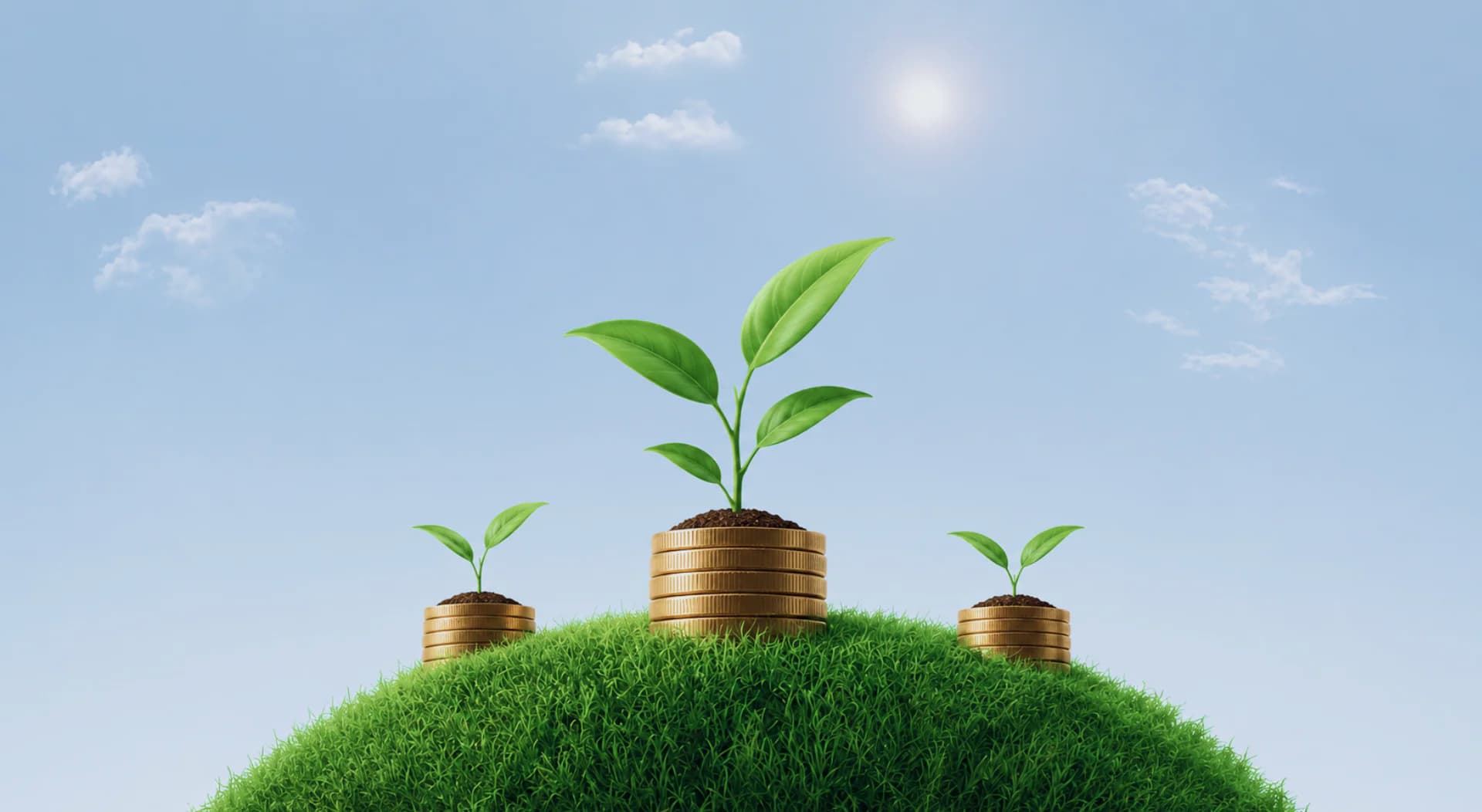 Stacks of gold coins with green sprouts growing on a grassy hill under a blue sky