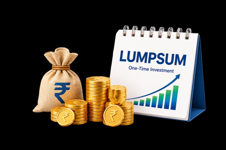 Money bag, coins, and lumpsum notepad illustration representing one-time gold investing