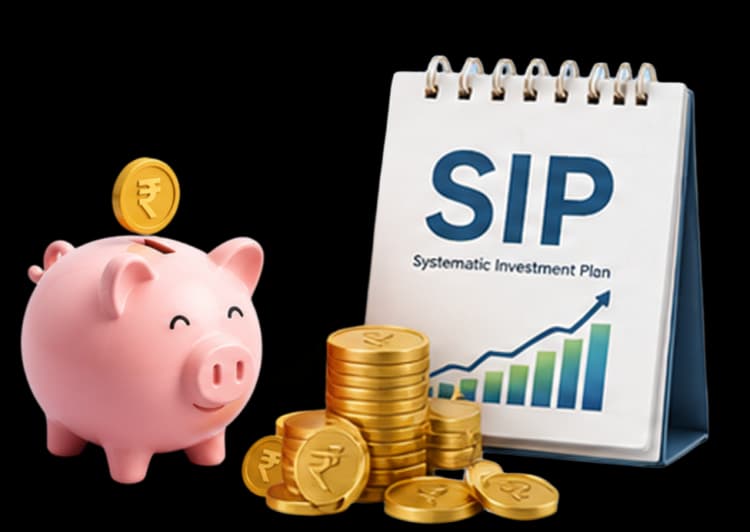 Piggy bank, coins, and SIP notepad illustration representing systematic gold investing