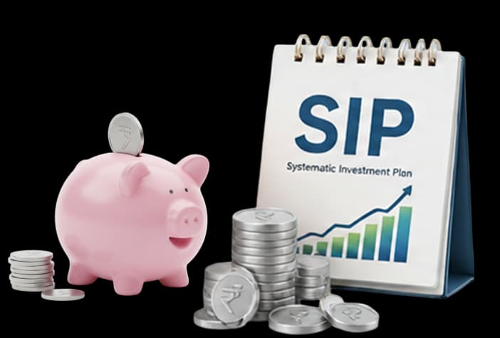 Piggy bank, coins, and SIP notepad illustration representing systematic silver investing